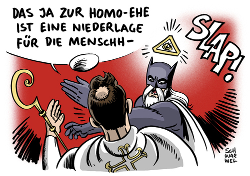 Cartoon: Gleichgeschlechtliche Ehe Irland (medium) by Schwarwel tagged gleichgeschlechtlich,ehe,heirat,homo,niederlage,vatikan,irland,kirche,menschheit,homosexualität,karikatur,schwarwel,religion,gleichgeschlechtlich,ehe,heirat,homo,niederlage,vatikan,irland,kirche,menschheit,homosexualität,karikatur,schwarwel,religion