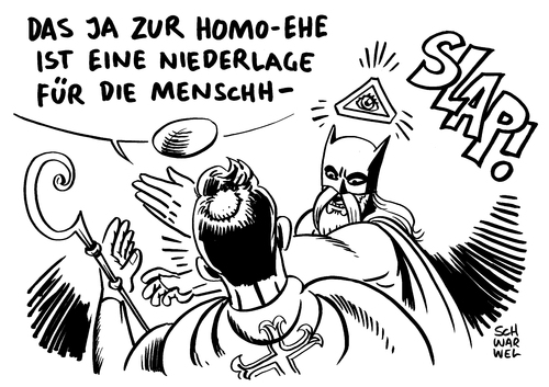 Cartoon: Gleichgeschlechtliche Ehe Irland (medium) by Schwarwel tagged gleichgeschlechtlich,ehe,heirat,homo,niederlage,vatikan,irland,kirche,menschheit,homosexualität,karikatur,schwarwel,religion,gleichgeschlechtlich,ehe,heirat,homo,niederlage,vatikan,irland,kirche,menschheit,homosexualität,karikatur,schwarwel,religion