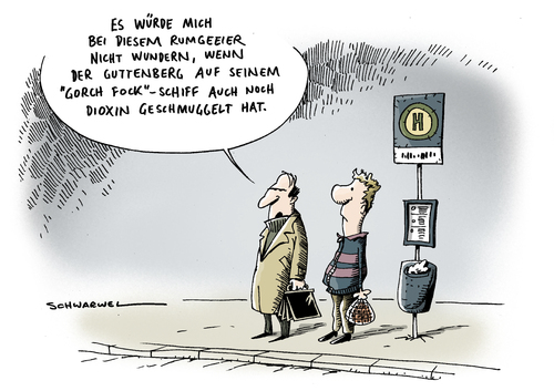 Cartoon: Gorch Fock vs. Dioxin (medium) by Schwarwel tagged guttenberg,verteidigung,dioxin,gift,futtermittel,lebensmittel,ei,huhn,schwein,minister,verteidigungsminister,deutschland,armee,bundeswehr,soldat,angela,merkel,angie,gorch,fock,feldpost,tod,bedrängnis,afghanistan,meuterei,vorwürfe,karikatur,schwarwel,gorch fock,minister,guttenberg,verteidigungsminister,kadetten,schiff,skandal,bundeswehr,soldat,dioxin,ei,huhn,schwein,lebensmittel,bedrängnis,gesundheit,futtermittel,futter,gorch,fock