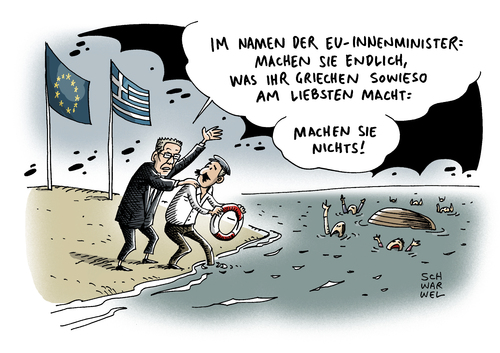 Cartoon: Griechenland Flüchtlingskrise (medium) by Schwarwel tagged eu,europäische,union,innenminister,einigkeit,griechenland,verantwortung,flüchtlingskrise,flüchtlinge,flüchtlingspolitik,asyl,asylsuchende,geflüchtete,seegrenze,grenze,dicht,karikatur,schwarwel,eu,europäische,union,innenminister,einigkeit,griechenland,verantwortung,flüchtlingskrise,flüchtlinge,flüchtlingspolitik,asyl,asylsuchende,geflüchtete,seegrenze,grenze,dicht,karikatur,schwarwel