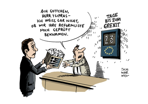 Cartoon: Griechenland Grexit rückt nähe (medium) by Schwarwel tagged griechenland,grexit,karikatur,schwarwel,tsipras,reformliste,reform,reformen,eu,europäische,union,griechenland,grexit,karikatur,schwarwel,tsipras,reformliste,reform,reformen,eu,europäische,union