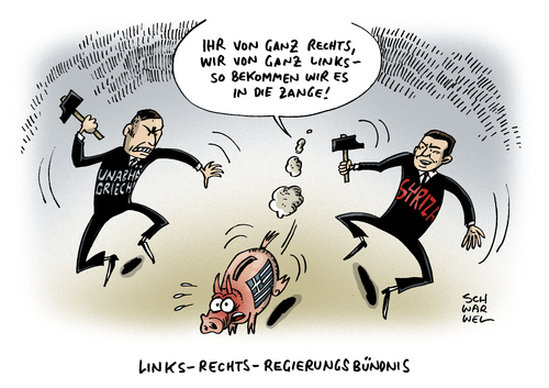 Cartoon: Griechenland Links Rechts (medium) by Schwarwel tagged griechenland,links,rechts,regierung,regieugsbündnis,eu,europäische,union,sparkurs,finanzen,wirtschaft,politik,karikatur,schwarwel,demokratie,wahl,athen,griechenland,links,rechts,regierung,regieugsbündnis,eu,europäische,union,sparkurs,finanzen,wirtschaft,politik,karikatur,schwarwel,demokratie,wahl,athen