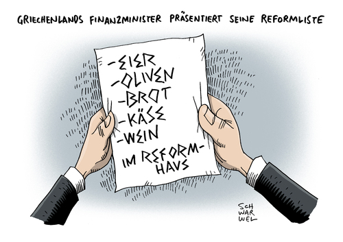 Cartoon: Griechenland neue Reformliste (medium) by Schwarwel tagged schulden,schuldenkrise,krise,wirtschaft,finanzen,griechenland,finanzminister,europgruppe,reformliste,reformen,karikatur,schwarwel,schulden,schuldenkrise,krise,wirtschaft,finanzen,griechenland,finanzminister,europgruppe,reformliste,reformen,karikatur,schwarwel