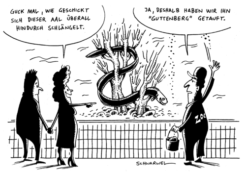 Cartoon: Guttenberg aalglatt (medium) by Schwarwel tagged guttenberg,minister,deutschland,politik,verteidigungsminister,doktorarbeit,doktor,aalglall,aal,zoo,doktortitel,titel,plagiat,uni,universität,betrug,urheber,verletzung,gesetz,strafe,verbot,dissertation,anzeige,verfahren,gericht,karikatur,schwarwel,guttenberg,minister,deutschland,politik,verteidigungsminister,doktorarbeit,aalglatt,doktor,doktortitel,universität,urheber,betrug,plagiat