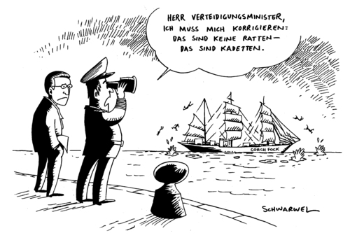 Cartoon: Guttenberg Gorch Fock (medium) by Schwarwel tagged guttenberg,gorch,fock,meuterei,schiff,see,armee,bundeswehr,minister,kadett,schikane,bord,kommandant,ausbildung,segel,takelage,marine,matrose,seefahrt,soldat,offizier,verteidigungsminister,karikatur,schwarwel,ratte,guttenberg,gorch fock,meuterei,schiff,armee,bundeswehr,minister,gorch,fock