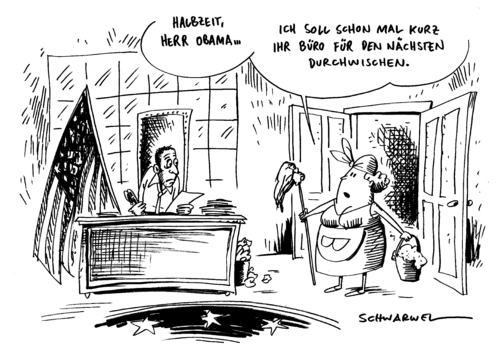 Cartoon: Halbe Amtszeit für Obama um (medium) by Schwarwel tagged obama,amt,amtszeit,präsident,us,usa,karikatur,schwarwel,halbzeitwahl,stimmungstest,test,stimmung,staat,bundesstaat,amerika,politik,regierung,putzfrau,putz,repräsentantenhaus,barack obama,usa,präsident,stimmungstest,stimmung,bundesstaat,wahl,wahlen,kongress,demokraten,barack,obama