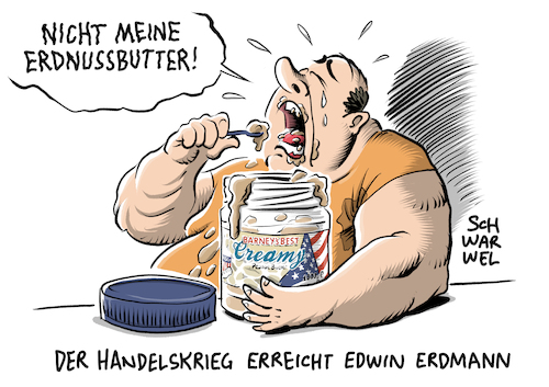 Cartoon: Handelskonflikt Trump Gegenzölle (medium) by Schwarwel tagged us,usa,amerika,america,donald,trump,handelskrieg,handelskonflikt,strafzölle,aluminium,stahl,zoll,zölle,einfuhrzölle,handel,gegenzölle,vergeltungszölle,vergeltungszoll,eu,europäische,union,europa,erdnusbutter,whiskey,ausgleichszölle,wto,zollstreit,sonderabgaben,import,export,welthandelsorganisation,zusatzzölle,zusatzzoll,preiserhöhung,preiserhöhungen,verkauf,konsum,verbraucher,jim,beam,harley,davidson,cartoon,karikatur,schwarwel,us,usa,amerika,america,donald,trump,handelskrieg,handelskonflikt,strafzölle,aluminium,stahl,zoll,zölle,einfuhrzölle,handel,gegenzölle,vergeltungszölle,vergeltungszoll,eu,europäische,union,europa,erdnusbutter,whiskey,ausgleichszölle,wto,zollstreit,sonderabgaben,import,export,welthandelsorganisation,zusatzzölle,zusatzzoll,preiserhöhung,preiserhöhungen,verkauf,konsum,verbraucher,jim,beam,harley,davidson,cartoon,karikatur,schwarwel