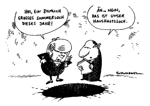 Cartoon: Haushaltsloch (medium) by Schwarwel tagged haushaltsloch,angela,merkel,sommerloch,krise,wirtschaft,finanzen,regierung,deutshcland,politik,karikatur,schwarwel