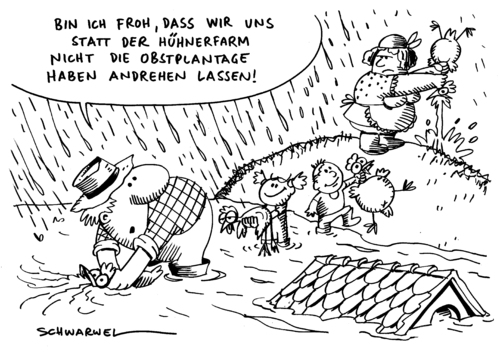 Cartoon: Hühnerfarm statt Obstplantage (medium) by Schwarwel tagged umwelt,zerstörung,familie,bauer,hühner,farm,mann,frau,kind,haus,obst,plantage,natur,regen,damage,karikatur,schwarwel,umwelt,zerstörung,familie,hühner,farm,frau,kind,obst,plantage,agrarwirtschaft,bauernhof,land,landwirtschaft