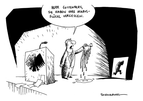 Cartoon: Ikarus Guttenberg (medium) by Schwarwel tagged guttenberg,ikarus,rücktritt,minister,verteidigungsminister,deutschland,politik,staat,plagiat,affäre,karriere,republik,militär,bundeswehr,armee,soldat,professor,uni,universität,doktor,doktorarbeit,betrug,fälschung,copy,paste,politiker,entlassung,amt,verantwortung,gorck,fock,krieg,populist,karikatur,schwarwel,karriere,blitzkarriere,guttenberg,rücktritt,plagiat,affäre,doktorarbeit,betrug,lüge