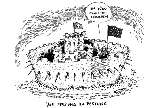 Cartoon: Initiative Masseneinwanderung (medium) by Schwarwel tagged schweizer,schweiz,initiative,gegen,masseneinwanderung,eu,europäische,union,parlament,parlamentspräsident,schulz,warnung,isolation,migranten,festung,karikatur,schwarwel,schweizer,schweiz,initiative,gegen,masseneinwanderung,eu,europäische,union,parlament,parlamentspräsident,schulz,warnung,isolation,migranten,festung,karikatur,schwarwel