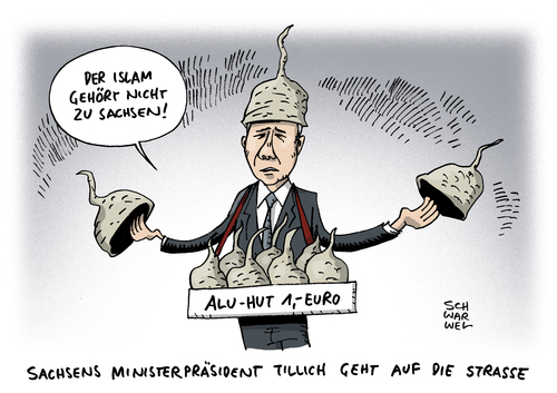 Cartoon: Islam Sachsen Tillich Merkel (medium) by Schwarwel tagged islam,sachsen,tillich,merkel,ministerpräsident,karikatur,schwarwel,straße,demo,demonstration,pegida,islamisierung,islam,sachsen,tillich,merkel,ministerpräsident,karikatur,schwarwel,straße,demo,demonstration,pegida,islamisierung