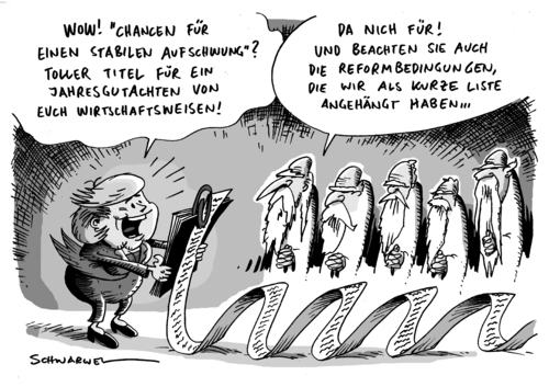 Cartoon: Jahresgutachten Wirtschaftsweise (medium) by Schwarwel tagged jahr,gutachten,wirtschaft,weise,finanzen,krise,reform,deutschland,republik,regierung,angela,merkel,aufschwung,politik,stabil,chance,bedingung,jahr,gutachten,wirtschaft,weise,finanzen,reform,deutschland,republik,regierung,angela merkel,finanzkrise,angela,merkel