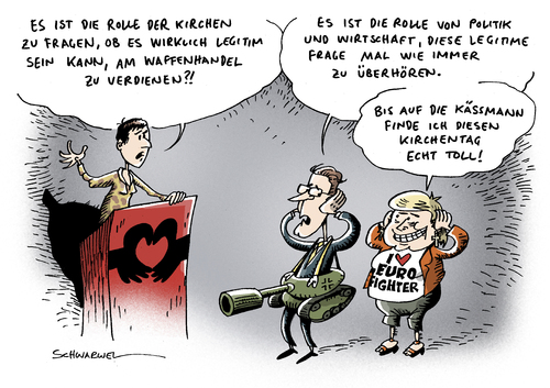 Cartoon: Kirchentag Waffenhandel (medium) by Schwarwel tagged waffe,waffenhandel,panzer,militär,soldat,armee,merkel,angela,angie,guido,westerwelle,käßmann,kirche,kirchentag,dresden,wirtschaft,politik,deutsch,deutschland,eu,euro,love,fighter,kampft,tod,mensch,mord,geld,finanzen,karikatur,schwarwel,waffe,waffenhandel,panzer,soldat,militär,armee,angela merkel,westerwelle,käßmann,dresden,wirtschaft,kirchentag,deutschland,euro,kampft,angela,merkel