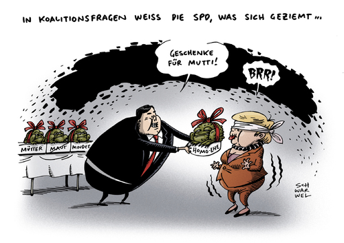 Cartoon: Koalition CDU CSU SPD (medium) by Schwarwel tagged koalitionsverhandlung,cdu,csu,spd,partei,deutschland,schwarz,rot,merkel,gabriel,homo,ehe,maut,mindestlohn,altersvorsorge,rente,familie,frau,karikatur,schwarwel,einigung,koalitionsverhandlung,cdu,csu,spd,partei,deutschland,schwarz,rot,merkel,gabriel,homo,ehe,maut,mindestlohn,altersvorsorge,rente,familie,frau,karikatur,schwarwel,einigung