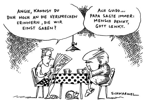 Cartoon: Koalitionsversprechen (medium) by Schwarwel tagged koalitionsversprechen,koalition,versprechen,angela,merkel,guido,westerwelle,partei,deutschland,regierung,cdu,fdp,karikatur,schwarwel