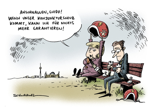 Cartoon: Konjunkturschub kommt (medium) by Schwarwel tagged konjunktur,aufschwung,krise,wirtschaft,wirtschaftskrise,finanzkrise,finanzen,deutschland,regierung,angela,merkel,guido,westerwelle,politik,politiker,geld,gesellschaft,bank,garantie,karikatur,schwarwel,konjunktur,aufschwung,krise,wirtschaft,wirtschaftskrise,finanzkrise,finanzen,deutschland,regierung,angela merkel,guido westerwelle,angela,merkel,guido,westerwelle