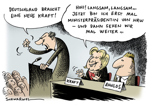 Cartoon: Kraft neue Ministerpräsidentin (medium) by Schwarwel tagged kraft,minister,ministerin,ministerpräsident,ministerpräsidentin,nrw,politik,deutschland,politikerin,frau,partei,rot,grün,spd,minderheitsregierung,hannelore,karikatur,schwarwel