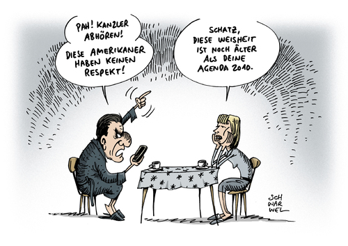 Cartoon: Lauschangriff NSA Schröder (medium) by Schwarwel tagged lauschangriff,schröder,justizminister,maas,us,usa,geheimdienst,nsa,überwachung,daten,zielperson,freund,feind,karikatur,schwarwel,agenda,2010,lauschangriff,schröder,justizminister,maas,us,usa,geheimdienst,nsa,überwachung,daten,zielperson,freund,feind,karikatur,schwarwel,agenda,2010