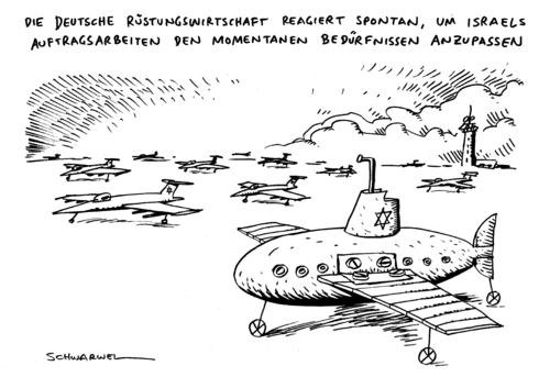Cartoon: Luftwaffe Israel Uboot (medium) by Schwarwel tagged luftwaffe,israel,angriff,iran,uboot,deutshcland,rüstung,unternehmen,krieg,waffen,geld,wirtschaft,finanzen,macht,politik,terror,gewalt,karikatur,schwarwel,luftwaffe,israel,angriff,iran,uboot,rüstung,waffen,krieg