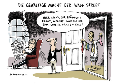 Cartoon: Macht der Wallstreet und Obama (medium) by Schwarwel tagged wallstreet,macht,obama,reform,amerika,bank,karikatur,schwarwel