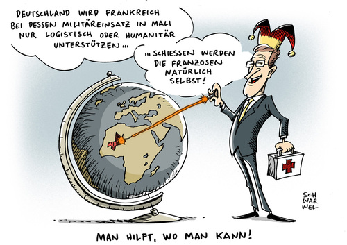 Cartoon: Mali Militäreinsatz (medium) by Schwarwel tagged deutschland,frankreich,mali,staat,land,militäreinsatz,militär,soldat,panzer,waffen,logistik,humanität,frieden,krieg,politik,unterstützung,hilfe,mord,tod,karikatur,schwarwel