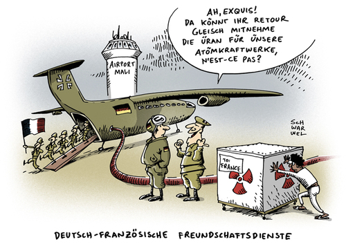 Cartoon: Mali Militäreinsatz Flugzeuge (medium) by Schwarwel tagged deutschland,transport,flugzeug,bundeswehr,armee,soldat,bundestag,truppenflugzeug,einsatz,militär,mal,schwarwel,karikatur,atomkraftwerk,atom,krieg,frankreich