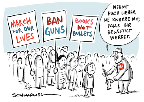 Cartoon: March For Our Lives (medium) by Schwarwel tagged march,for,our,lives,us,usa,amerika,america,schärfere,waffengesetze,waffengesetz,jugendliche,schüler,schülerinnen,amerikaner,waffenlobby,donald,trump,nra,schule,highschool,massendemo,demonstration,massendemonstration,washington,amoklauf,generation,school,shooting,parkland,florida,massenmord,massenmörder,amokläufer,waffen,waffe,schusswaffe,schusswaffen,cartoon,karikatur,schwarwel,anti,marsch,protest,protestbewegung,bücher,statt,everytown,gun,safety,schülerbewegung,michael,moore,iwillmarch,marchforourlives,schulmassaker,march,for,our,lives,us,usa,amerika,america,schärfere,waffengesetze,waffengesetz,jugendliche,schüler,schülerinnen,amerikaner,waffenlobby,donald,trump,nra,schule,highschool,massendemo,demonstration,massendemonstration,washington,amoklauf,generation,school,shooting,parkland,florida,massenmord,massenmörder,amokläufer,waffen,waffe,schusswaffe,schusswaffen,cartoon,karikatur,schwarwel,anti,marsch,protest,protestbewegung,bücher,statt,everytown,gun,safety,schülerbewegung,michael,moore,iwillmarch,marchforourlives,schulmassaker