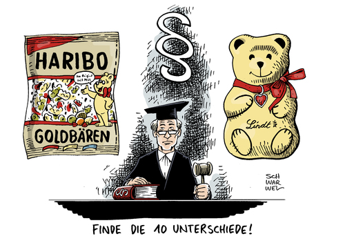 Cartoon: Markenstreit Haribo Lindt (medium) by Schwarwel tagged markenstreit,haribo,lindt,goldbären,gummibären,streit,gericht,lebensmittel,nahrung,recht,gesetz,karikatur,schwarwel,markenstreit,haribo,lindt,goldbären,gummibären,streit,gericht,lebensmittel,nahrung,recht,gesetz,karikatur,schwarwel