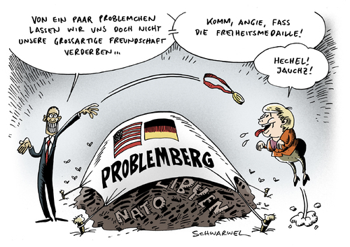 Cartoon: Merkel Besuch USA (medium) by Schwarwel tagged merkel,angela,angie,kanzlerin,deutschland,regierung,politik,us,usa,besuch,gast,barack,obama,libyen,nato,streit,konflikt,freundschaft,nation,international,staat,freiheit,medaille,orden,president,präsident,freude,geld,finanzen,wirtschaft,karikatur,schwarwel,angela merkel,kanzlerin,deutschland,regierung,politik,usa,besuch,gast,barack obama,nato,libyen,angela,merkel,barack,obama