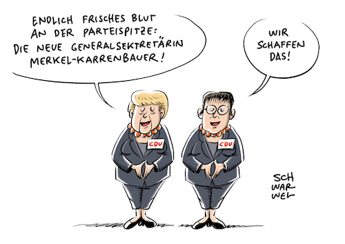 Cartoon: Merkel Kramp Karrenbauer (medium) by Schwarwel tagged angela,merkel,angie,cdu,partei,politik,politikerin,deutschland,bundeskanzlerin,annegret,kramp,karrenbauer,kandidatin,generalsekretärsposten,generalsekretär,generalsekretärin,parteitag,kabinett,minister,ministerin,rückzug,peter,tauber,regierungsspitze,parteiamt,regierungsbildung,parteichefin,liberal,mitte,rechts,rechtsruck,karikatur,schwarwel,angela,merkel,angie,cdu,partei,politik,politikerin,deutschland,bundeskanzlerin,annegret,kramp,karrenbauer,kandidatin,generalsekretärsposten,generalsekretär,generalsekretärin,parteitag,kabinett,minister,ministerin,rückzug,peter,tauber,regierungsspitze,parteiamt,regierungsbildung,parteichefin,liberal,mitte,rechts,rechtsruck,karikatur,schwarwel