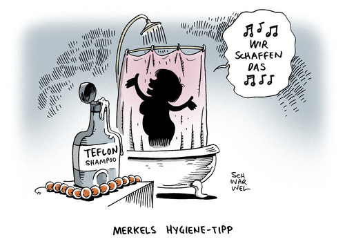 Cartoon: Merkel Rede Parteitag Teflon (medium) by Schwarwel tagged merkel,rede,parteitag,teflon,cdo,flüchtlingspolitik,partei,cdu,wir,schaffen,das,shampoo,karikatur,schwarwel,merkel,rede,parteitag,teflon,cdo,flüchtlingspolitik,partei,cdu,wir,schaffen,das,shampoo,karikatur,schwarwel