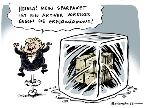 Cartoon: Merkel Sparpaket soziale Kälte (medium) by Schwarwel tagged angela,merkel,sparpaket,soziale,kälte,kürzung,etat,bundesregierung,deutschland,sozialleistungen,kürzungspläne,union,fdp,vizekanzler,guido,westerwelle,stellenstreichungen,bundesbehörden,abbau,steuervergünstigungen,subventionen,reform,bundeswehr,karikatur,v