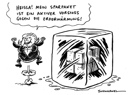 Cartoon: Merkel Sparpaket soziale Kälte (medium) by Schwarwel tagged angela,merkel,sparpaket,soziale,kälte,kürzung,etat,bundesregierung,deutschland,sozialleistungen,kürzungspläne,union,fdp,vizekanzler,guido,westerwelle,stellenstreichungen,bundesbehörden,abbau,steuervergünstigungen,subventionen,reform,bundeswehr,karikatur,v