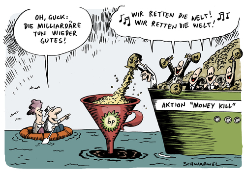 Cartoon: Milliardäre tun Gutes (medium) by Schwarwel tagged milliardär,geld,reich,reichtun,spenden,vermögen,wohltätiger,zweck,gates,buffett,revolution,rockefeller,karikatur,schwarwel