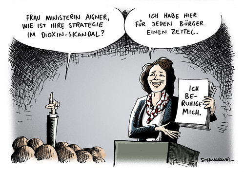 Cartoon: Ministerin Aigner Dioxin-Krise (medium) by Schwarwel tagged ministerin,aigner,strategie,dioxin,krise,csu,partei,verbraucherschutz,lebensmittel,gift,nahrung,essen,politik,deutschland,ei,tier,seuche,verseucht,krank,landwirtschaft,futter,fett,hühner,pute,bauernhof,futtermittel,hersteller,fleisch,karikatur,schwarwel,ministerin,aigner,strategie,dioxin,krise,csu,partei,verbraucherschutz,lebensmittel,gift,nahrung,ei,tier,seuche,verseucht,krank,futter,fett,hühner,futtermittel,hersteller,fleisch