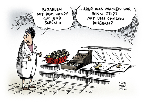 Cartoon: Mobiles Bezahlen (medium) by Schwarwel tagged mobiles,bezahlen,smartphone,iphone,handy,geld,karikatur,schwarwel,mobiles,bezahlen,smartphone,iphone,handy,geld,karikatur,schwarwel