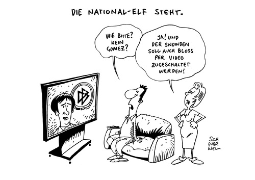 Cartoon: National-Elf und Snowden (medium) by Schwarwel tagged national,elf,jogi,löw,wm,kader,whistleblower,snowden,vernehmnung,deutschland,karikatur,schwarwel,national,elf,jogi,löw,wm,kader,whistleblower,snowden,vernehmnung,deutschland,karikatur,schwarwel