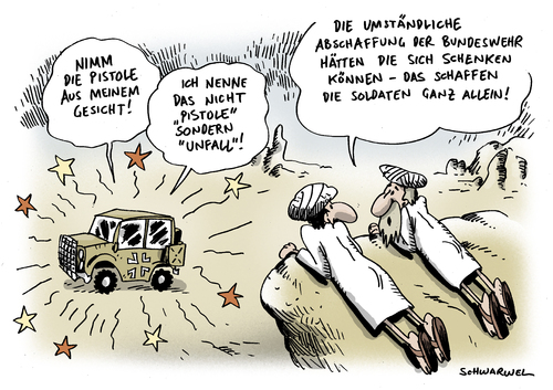 Cartoon: Neuer Vorfall in Afghanistan (medium) by Schwarwel tagged afghanistan,krieg,soldat,bundeswehr,armee,kamerad,waffe,vorfall,unfall,schießen,pistole,gefreiter,karikatur,schwarwel,afghanistan,krieg,soldat,bundeswehr,armee,waffe