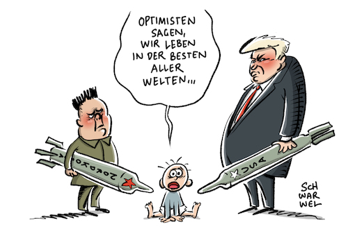 Cartoon: Nordkorea USA Vergeltung (medium) by Schwarwel tagged nordkorea,korea,dinald,trump,us,usa,amerika,president,präsident,un,sanktionen,sanktion,veergeltung,rakete,krieg,terror,waffen,gewalt,terrorgefahr,militär,soldaten,armee,pjöngjang,atom,atomwaffe,atomwaffen,atomprogramm,sicherheitsrat,wirtschaftssanktionen,wirtschaft,china,resolution,ausfuhrverbote,interkontinentalrakete,nuklearprogramm,nukleare,aufrüstung,raketentest,südkorea,japan,abrüstung,moon,jae,in,atomare,abschreckung,zur,selbstverteidigung,atomwaffentests,kim,jong,karikatur,schwarwel,nordkorea,korea,dinald,trump,us,usa,amerika,president,präsident,un,sanktionen,sanktion,veergeltung,rakete,krieg,terror,waffen,gewalt,terrorgefahr,militär,soldaten,armee,pjöngjang,atom,atomwaffe,atomwaffen,atomprogramm,sicherheitsrat,wirtschaftssanktionen,wirtschaft,china,resolution,ausfuhrverbote,interkontinentalrakete,nuklearprogramm,nukleare,aufrüstung,raketentest,südkorea,japan,abrüstung,moon,jae,in,atomare,abschreckung,zur,selbstverteidigung,atomwaffentests,kim,jong,karikatur,schwarwel