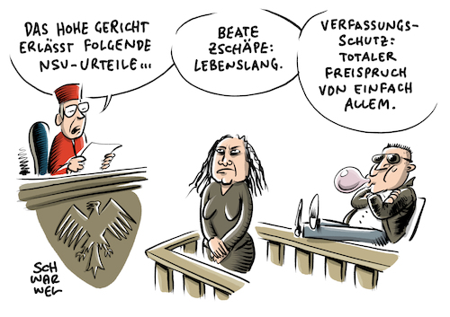 Cartoon: NSU Beate Zschäpe Urteil (medium) by Schwarwel tagged nsu,prozess,urteil,beate,zschäpe,gefängnis,knast,gericht,recht,gesetz,richter,verfassungsschutz,vleute,vmann,rechts,nazi,nazis,rechtsextrem,rechtsextremismus,terror,lebenslang,haft,neonazi,neonazis,mord,mörder,mörderin,anklage,angeklagte,strafprozess,verteidigung,verteidiger,anwalt,prozessanwalt,staatsschutz,terroranschlag,terroranschläge,terroristische,vereinigung,nationalsozialist,nationalsozialisten,extremismus,rassismus,naziideologie,faschismus,rechte,szene,terrorzelle,rechtsradikal,rechtsradikalismus,rechtsterrorismus,rechtsterrorist,rechtsterroristin,opfer,politik,justiz,cartoon,karikatur,schwarwel,nsu,prozess,urteil,beate,zschäpe,gefängnis,knast,gericht,recht,gesetz,richter,verfassungsschutz,vleute,vmann,rechts,nazi,nazis,rechtsextrem,rechtsextremismus,terror,lebenslang,haft,neonazi,neonazis,mord,mörder,mörderin,anklage,angeklagte,strafprozess,verteidigung,verteidiger,anwalt,prozessanwalt,staatsschutz,terroranschlag,terroranschläge,terroristische,vereinigung,nationalsozialist,nationalsozialisten,extremismus,rassismus,naziideologie,faschismus,rechte,szene,terrorzelle,rechtsradikal,rechtsradikalismus,rechtsterrorismus,rechtsterrorist,rechtsterroristin,opfer,politik,justiz,cartoon,karikatur,schwarwel