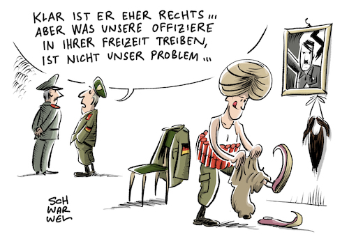 Cartoon: Offizier unter Terrorverdacht (medium) by Schwarwel tagged bundeswehr,armee,deutschland,offizier,terrorverdacht,terror,anschlag,anschlagspläne,freizeit,rechts,nazi,gewalt,karikatur,schwarwel,bart,orient,turban,dynamit,sprengstoffgürtel,sprengstoff