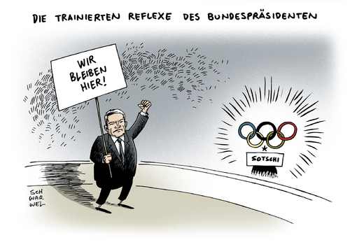 Cartoon: Olympia Gauck Sotschi (medium) by Schwarwel tagged olympia,bundespräsident,gauck,sotschi,besuch,sport,olympische,ringe,karikatur,schwarwel,olympia,bundespräsident,gauck,sotschi,besuch,sport,olympische,ringe,karikatur,schwarwel