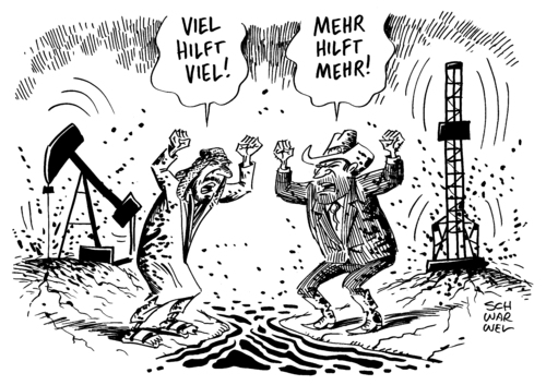 Cartoon: OPEC contra US Frackingindustrie (medium) by Schwarwel tagged opec,contra,amerika,öl,ölmarkt,markt,arabien,us,usa,fracking,industrie,unternehmen,pleite,karikatur,schwarwel,saudi,opec,contra,amerika,öl,ölmarkt,markt,arabien,us,usa,fracking,industrie,unternehmen,pleite,karikatur,schwarwel,saudi