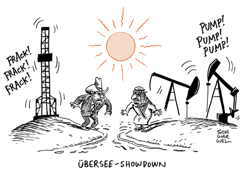 Cartoon: OPEC US Frackingindustrie (medium) by Schwarwel tagged us,fracking,frackingindustrie,opec,unternehmen,öl,förderung,fördern,pleite,karikatur,schwarwel,übersee,showdown,us,fracking,frackingindustrie,opec,unternehmen,öl,förderung,fördern,pleite,karikatur,schwarwel,übersee,showdown