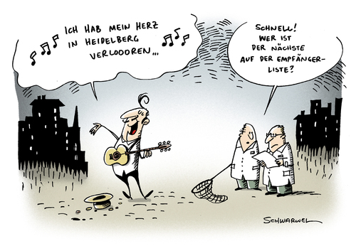 Cartoon: Organspende (medium) by Schwarwel tagged organspende,organhandel,organe,krank,gesund,empfängerliste,klinik,arzt,handel,praktiken,vergabe,herz,organspende,organhandel,krank,gesund,empfängerliste,arzt,praktiken,vergabe,herz