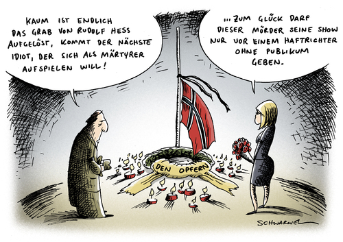 Cartoon: Oslo Doppelanschlag (medium) by Schwarwel tagged norwegen,oslo,mord,grausam,terror,anschlag,polizei,märtyrer,massenmörder,anders,behring,breivik,tatort,bombe,explosion,regierungsviertel,schießerei,jugendcamp,ministerpräsident,stoltenberg,rechtsextrem,kampfschrift,gericht,anklage,strafe,richter,karikatur,schwarwel,norwegen,oslo,mord,grausam,terror,anschlag,polizei,märtyrer,massenmörder,attentat