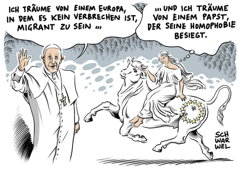 Cartoon: Papst Franziskus Karlspreis (medium) by Schwarwel tagged papst,franziskus,karlspreis,kirche,religion,eu,europäische,union,nein,homo,ehe,schwul,lesbisch,homosexualität,flüchtlinge,geflüchtete,migration,migranten,asyl,asylsuchende,flüchtlingspolitik,europa,homophobie,rassismus,krieg,hass,gewalt,solidarität,humanismus,migrantsein,karikatur,schwarwel,papst,franziskus,karlspreis,kirche,religion,eu,europäische,union,nein,homo,ehe,schwul,lesbisch,homosexualität,flüchtlinge,geflüchtete,migration,migranten,asyl,asylsuchende,flüchtlingspolitik,europa,homophobie,rassismus,krieg,hass,gewalt,solidarität,humanismus,migrantsein,karikatur,schwarwel