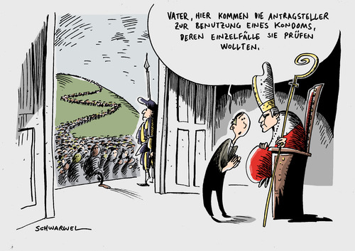 Cartoon: Papst gestattet Kondombenutzung (medium) by Schwarwel tagged papst,kondom,kirche,religion,verhütung,benutzung,baby,kinder,karikatur,schwarwel,hirte,verbot,vatikan,präservativ,aids,benedikt,sexualität,geschlechtsverkehr,einzelfall,kondom,papst,sex,verhütung,benedikt,verbot,lockerung,kirche,religion,ratzinger,verbote,baby