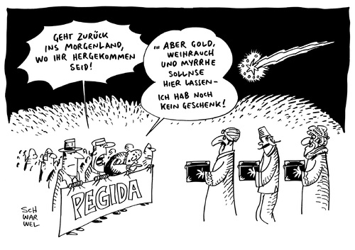 Cartoon: Pegida Anti Islam Bewegung (medium) by Schwarwel tagged pegida,anti,islam,bewegung,merkel,verurteilung,weihnachten,morgenland,nazis,rechts,myrrhe,weihrauch,gold,demo,demonstration,karikatur,schwarwel,pegida,anti,islam,bewegung,merkel,verurteilung,weihnachten,morgenland,nazis,rechts,myrrhe,weihrauch,gold,demo,demonstration,karikatur,schwarwel